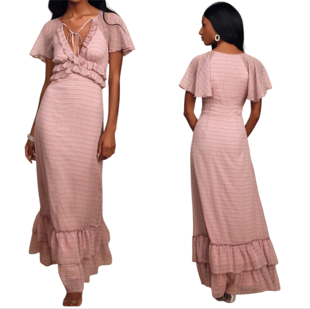 Lulus Dress Sweetest Delight Plaid Ruffle Short Sleeve Maxi Dress Pink Large - Picture 1 of 8